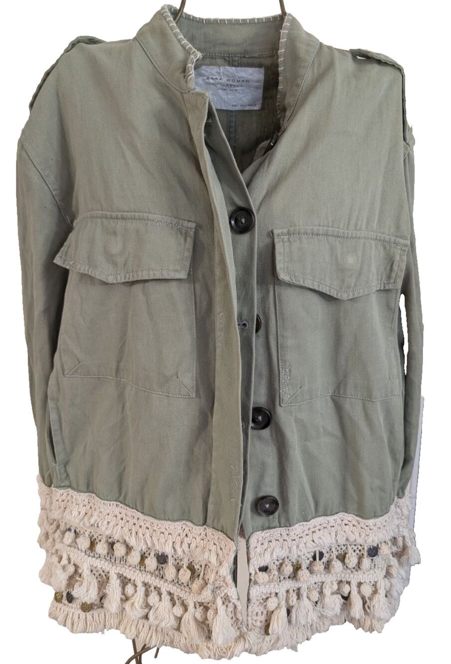 Zara Woman Tassel Trim Utility Jacket Outerwear Green